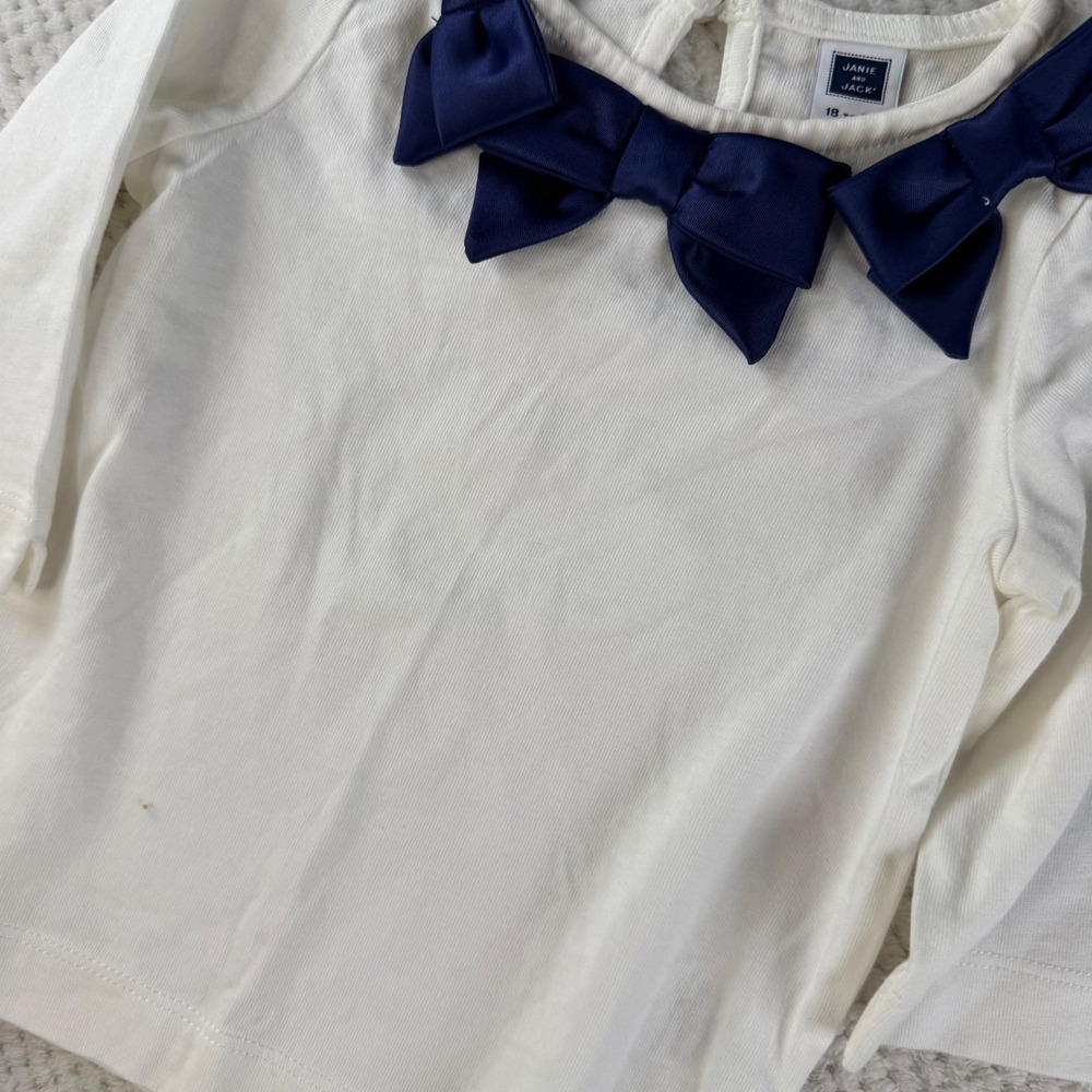 Janie and Jack Girls Ivory Navy Blue Bow Long Sleeve Top 18-24 Months